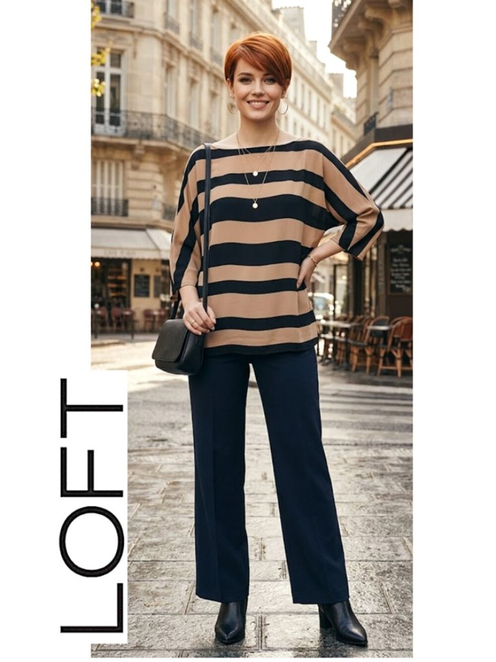 (3 for $30) THE LOFT - striped tan/black lightweight 3/4 sleeve blouse